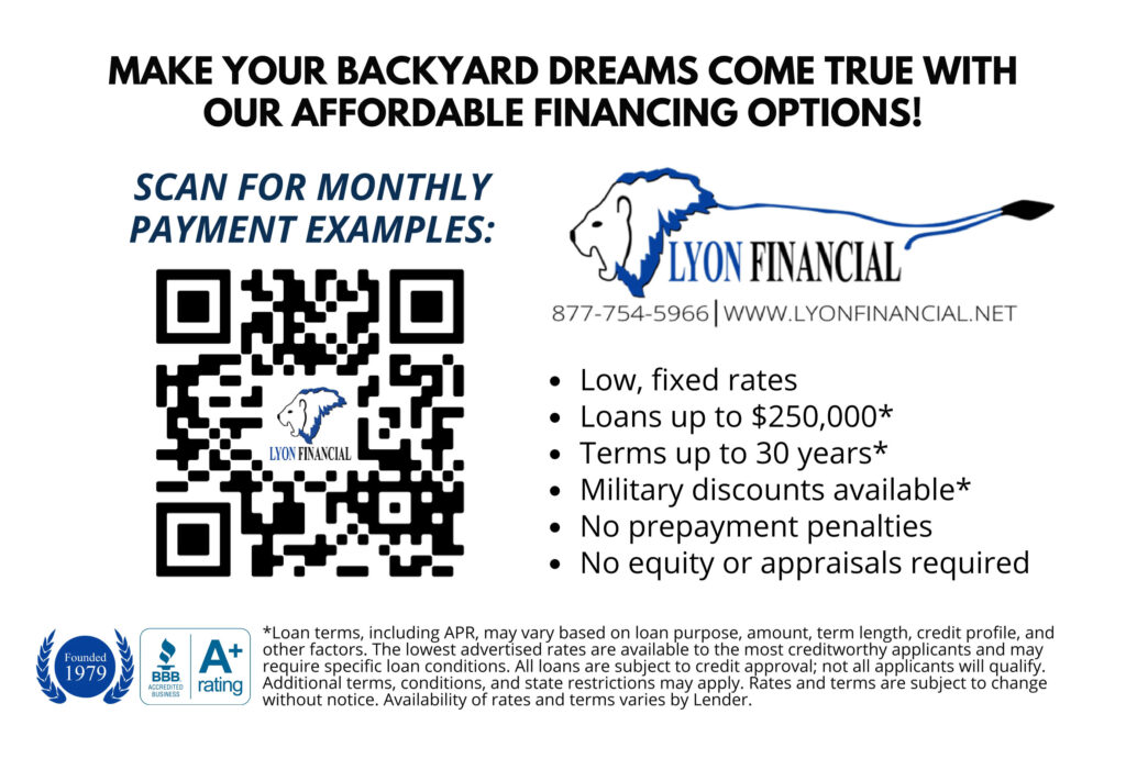 Pool backyard financing promotional image with Lyon Financial branding